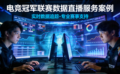 电竞冠军联赛数据直播服务案例封面 - 电竞选手在比赛中专注操作，背景是巨大的数据可视化屏幕