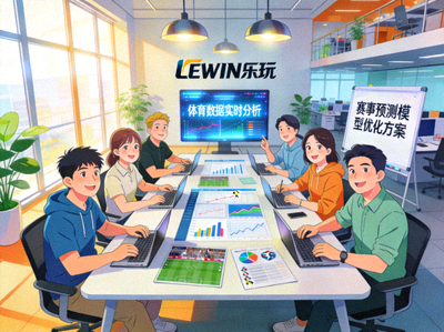 LEWIN乐玩团队工作场景 - 一群充满活力的团队成员在现代化办公室中协作讨论体育数据